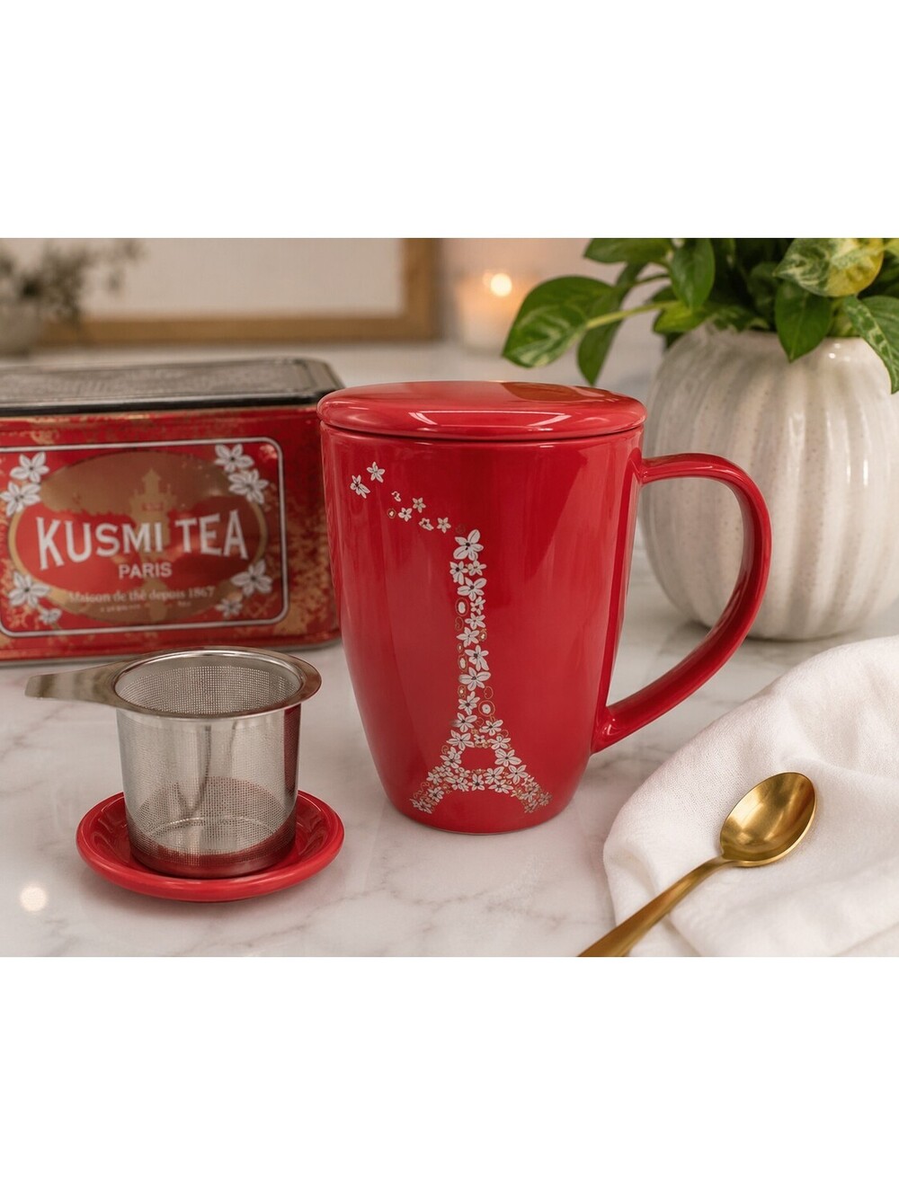 Red Kusmi Tea French Eiffel Tower Mug With Infuser and Lid by For Life